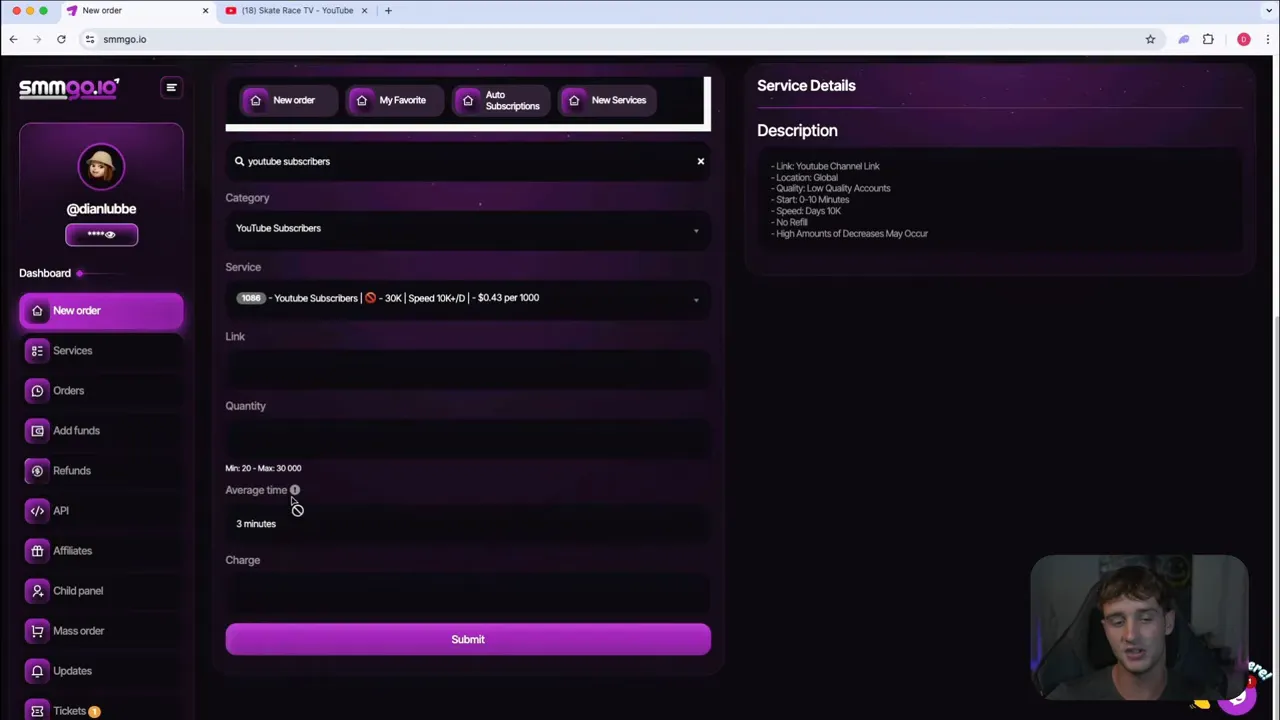 smmgo order form showing YouTube subscribers service, quantity fields and submit button