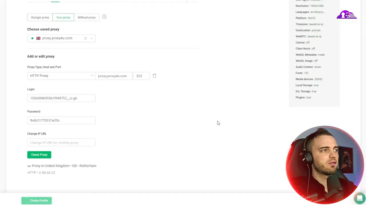 gologin proxy tab showing proxy4u username, password, host and port entered and ready to check or save