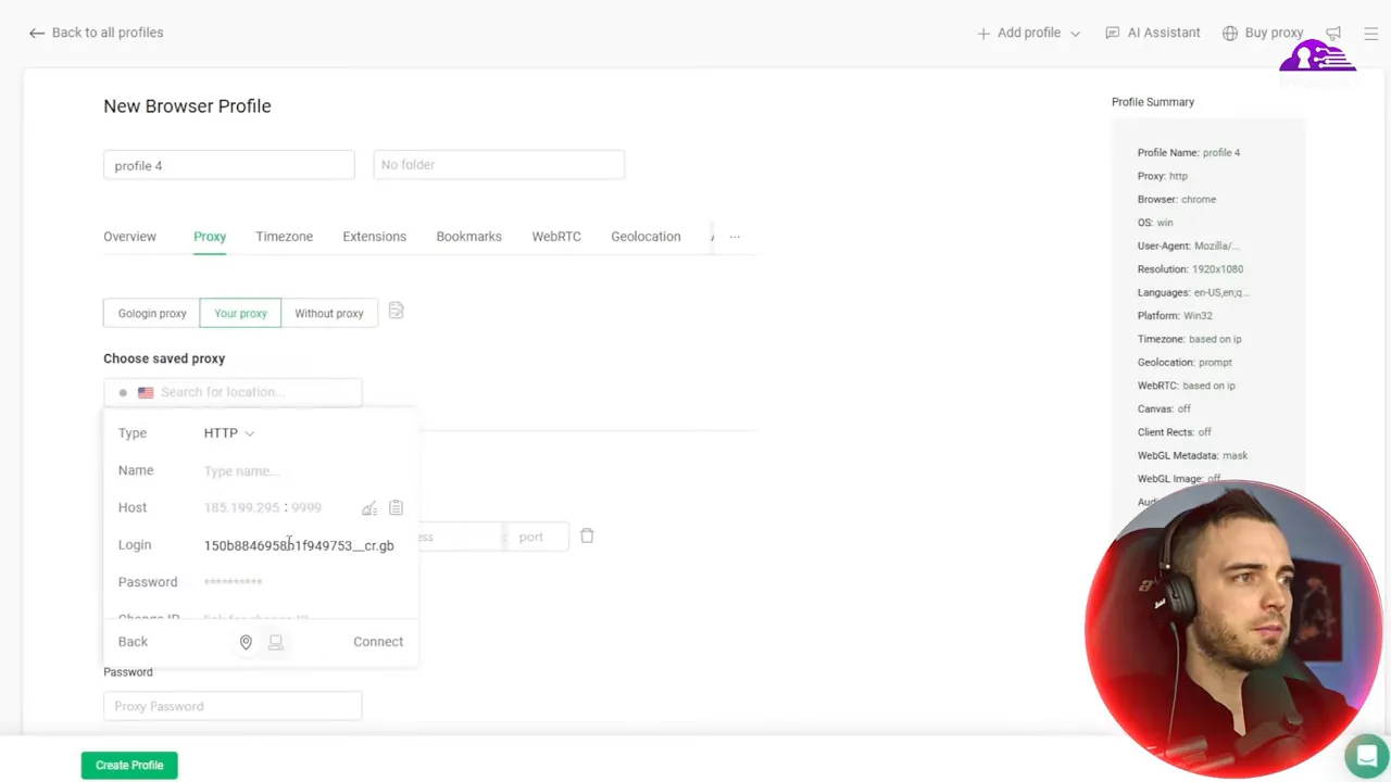 gologin profile editor proxy popup with the Login field populated with a proxy username