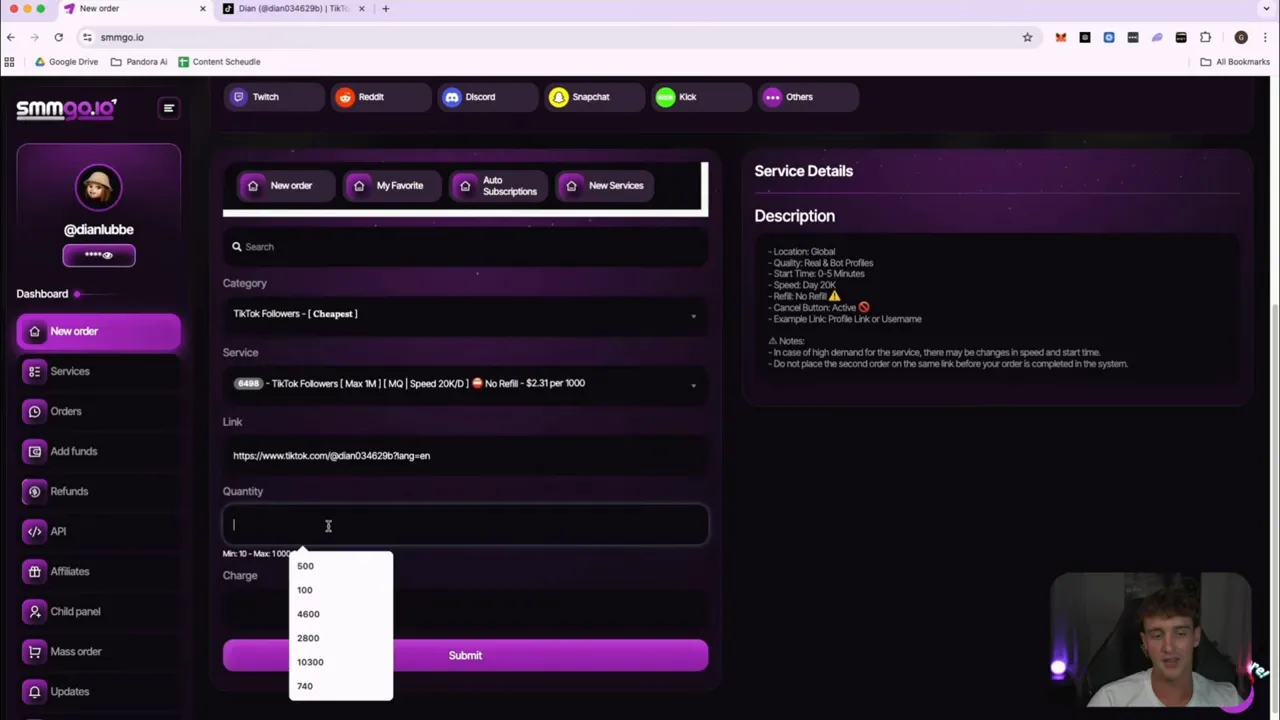 SMMGo order form with profile link pasted, quantity dropdown visible and submit button
