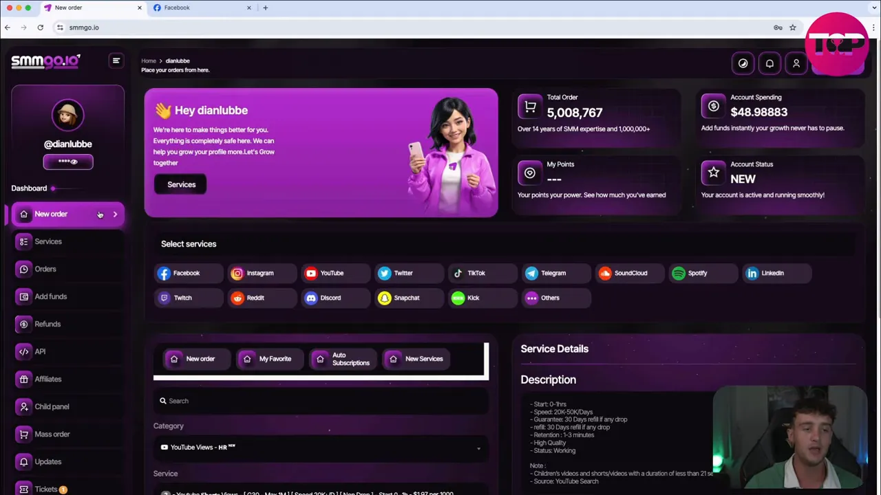 SMMGo New Order screen with New order button selected and the Select services row showing Facebook icon