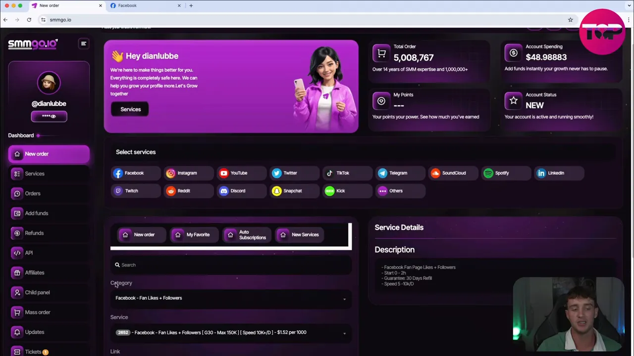 SMMGo order form showing Facebook - Fan Likes + Followers category, service dropdown and description