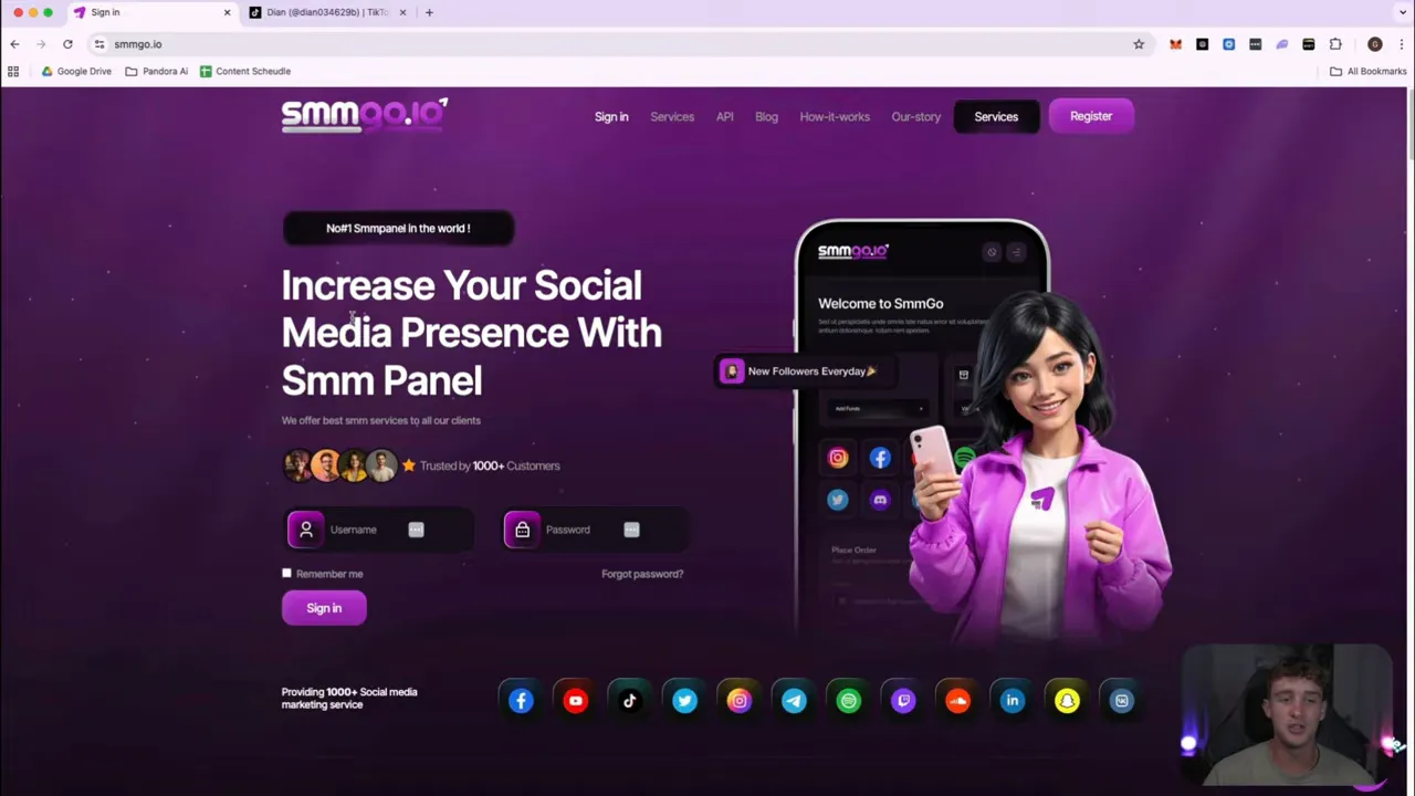 smmgo.io homepage hero banner with purple background, mascot and sign-in fields