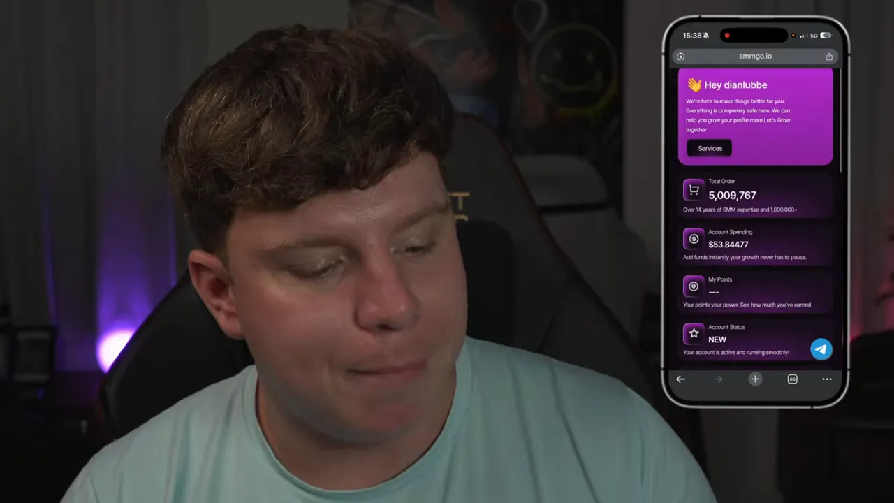 Mobile screenshot of the SMMGo dashboard next to the presenter showing account spending, total orders, and the site header.