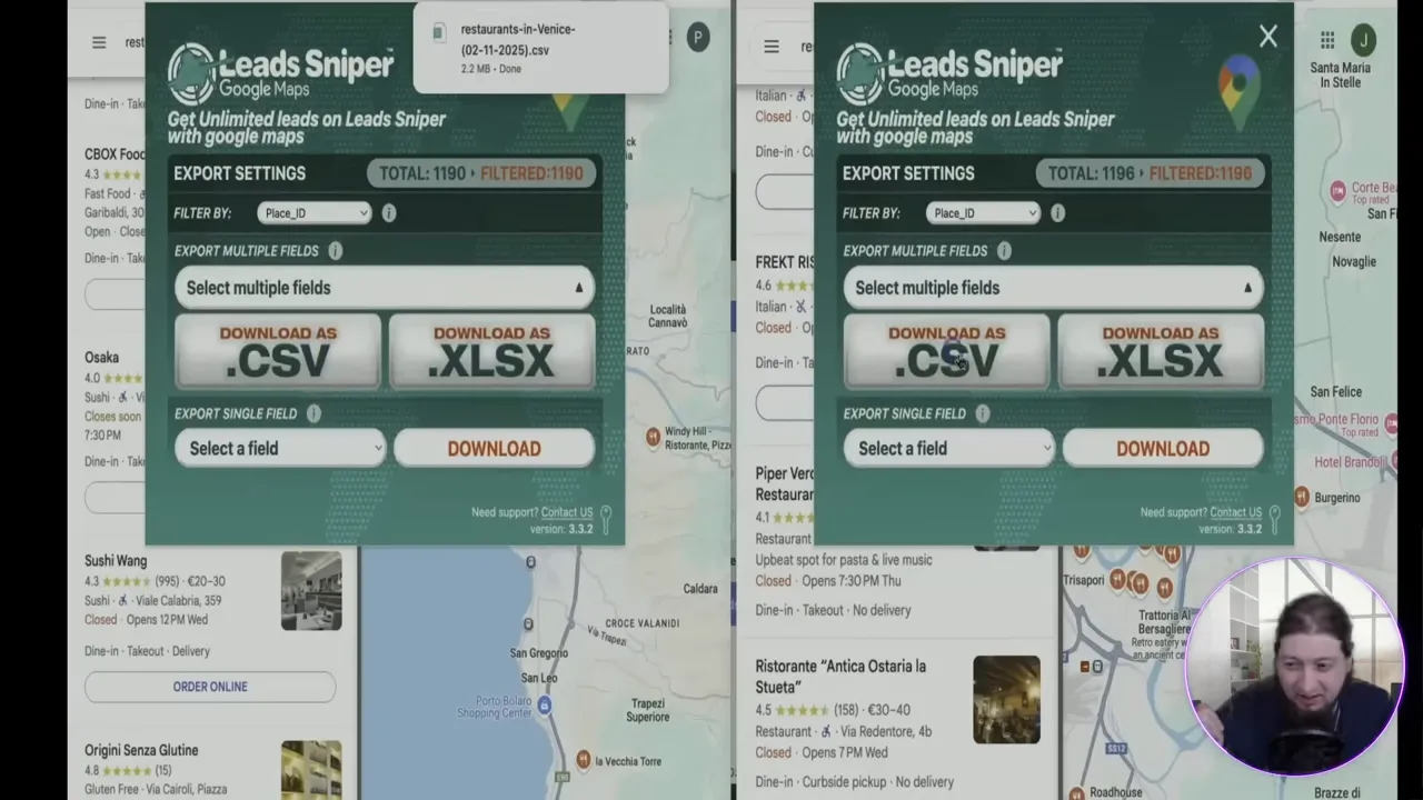 Lead Sniper scraping results and Google Sheet export