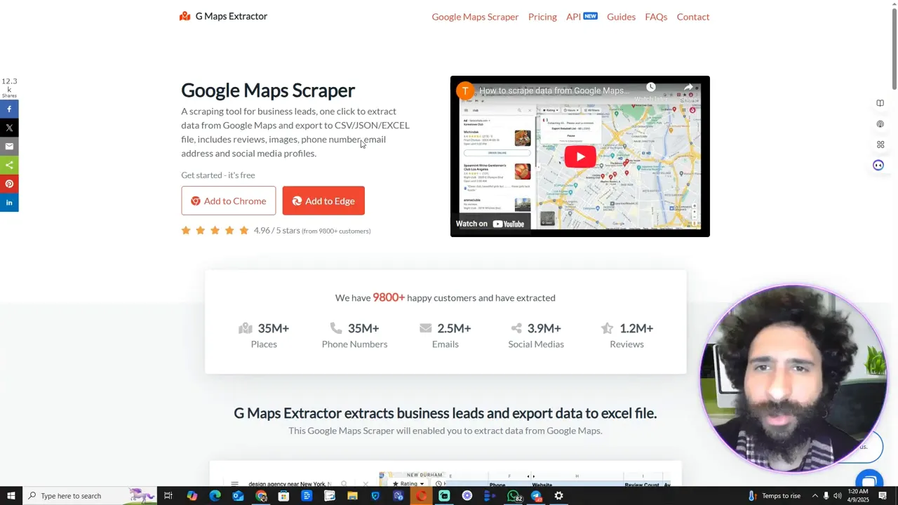 GMapsExtractor landing page showing customer count and dataset