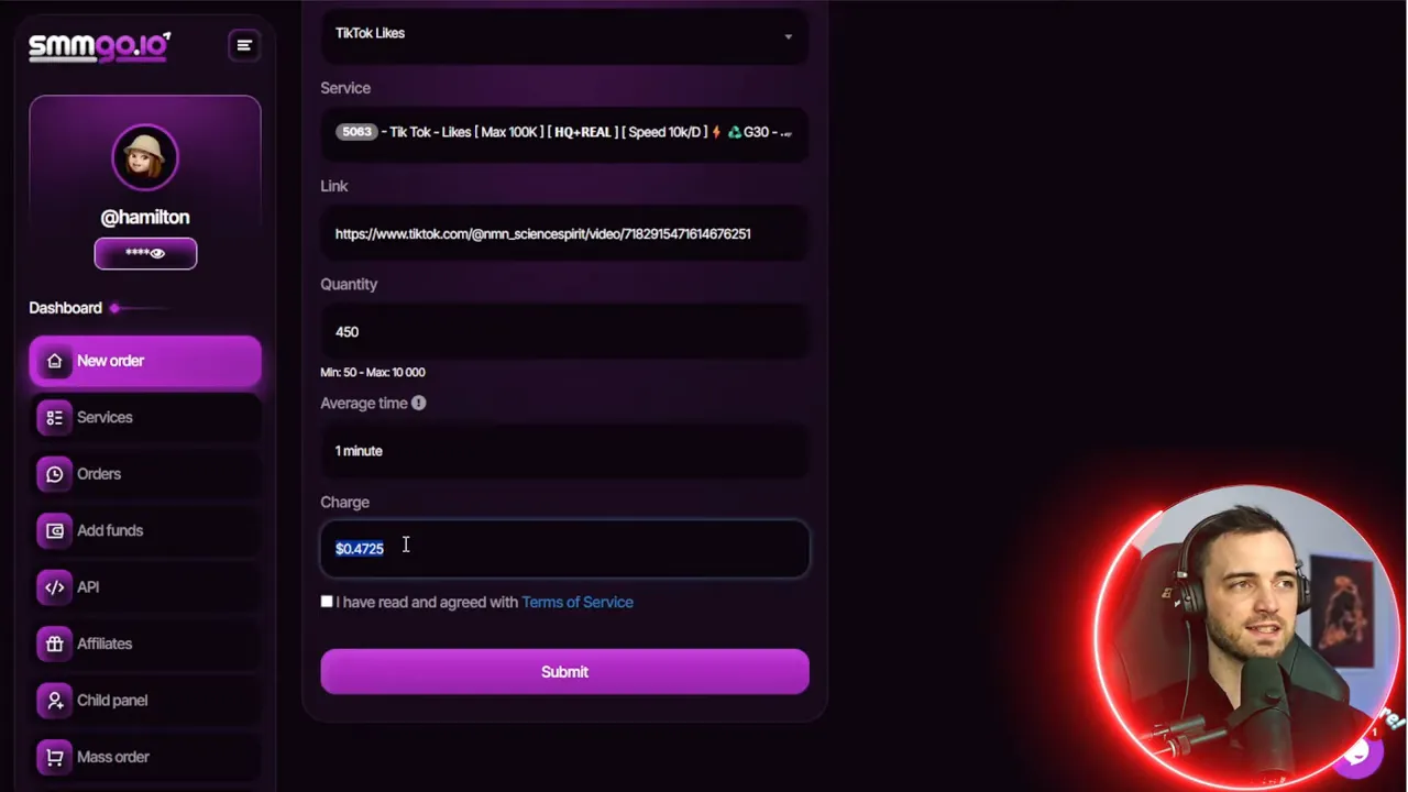 SMMGo order form showing TikTok link, quantity 450, charge $0.4725 and submit button with presenter overlay.