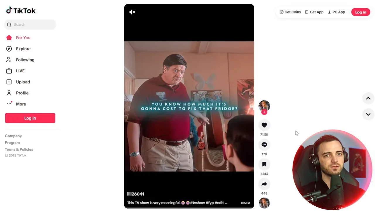 TikTok web view showing a video in the center with overlay text and engagement icons including 71.5K likes; creator face in circular overlay at right.