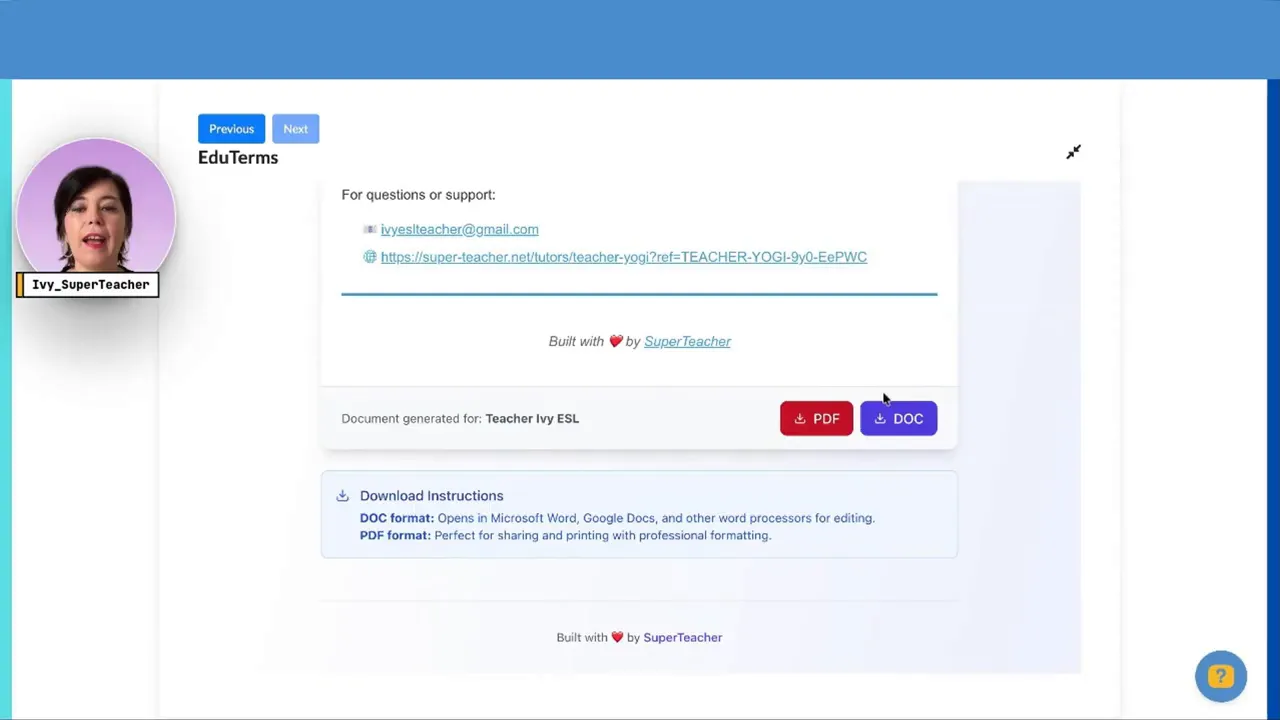 EduTerms preview showing Download PDF and DOC buttons and generated document