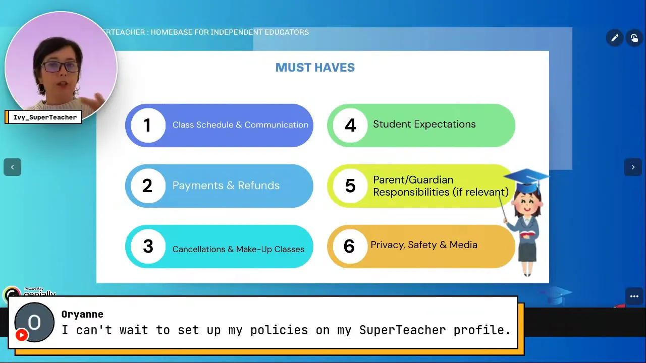 High-quality slide image showing 'Must Haves' list that includes Payments & Refunds, with presenter inset