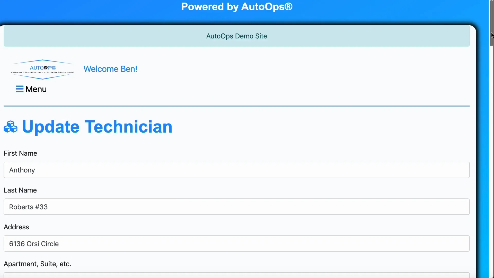Update Technician settings screen showing editable fields