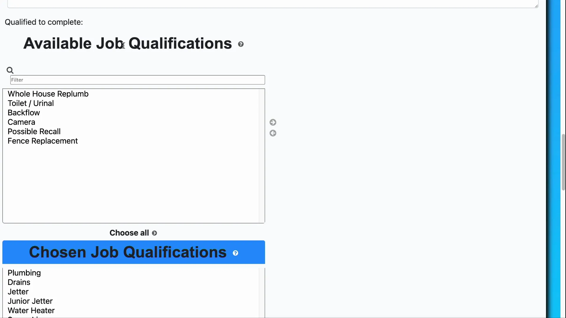Job qualifications management interface