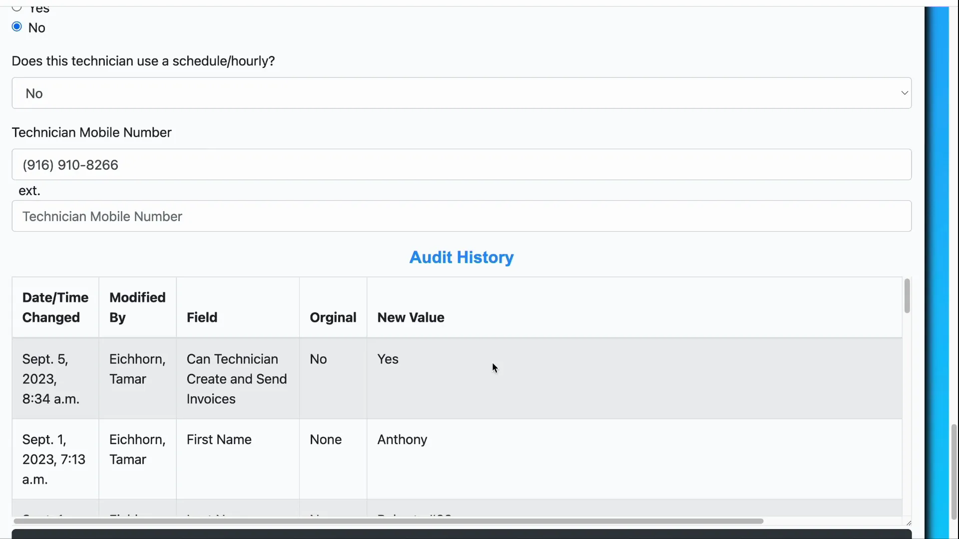 Audit history section showing change logs