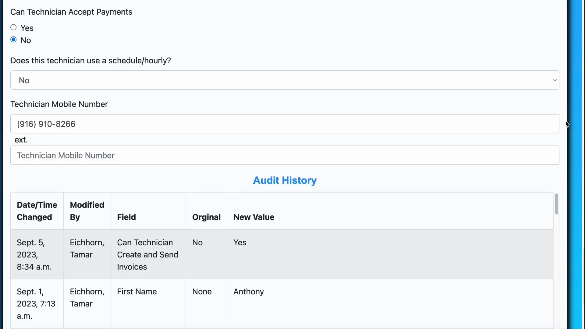 Save button to confirm technician settings changes