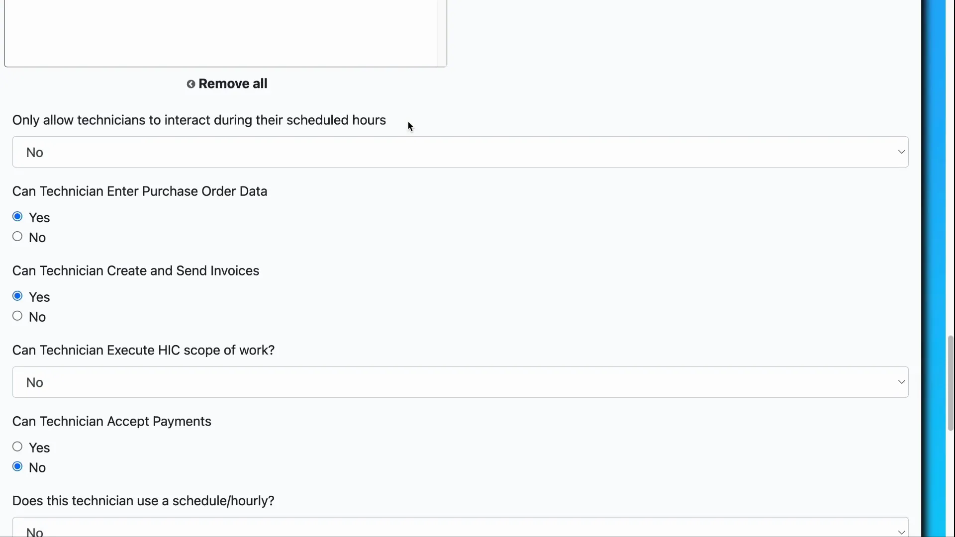 Option to restrict technician interaction to scheduled hours