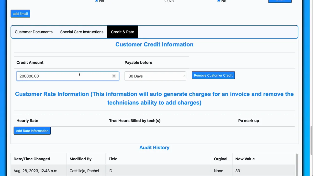 Credit and rate settings on the customer record