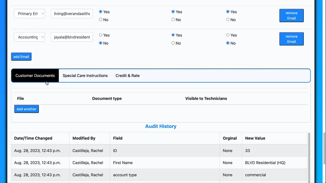 Customer Documents and Special Instructions tabs