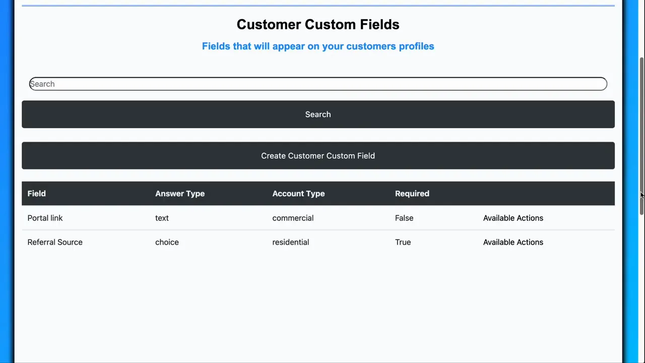 Customer Custom Fields settings page