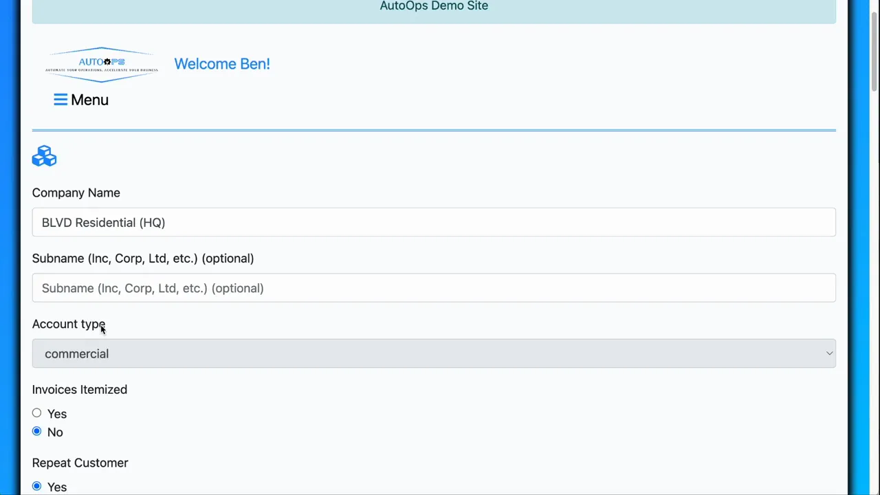 Customer edit screen showing company and name fields