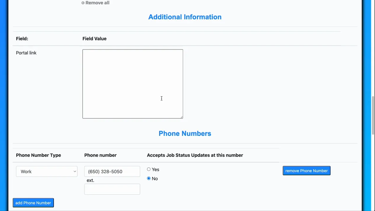 Additional information and custom fields area
