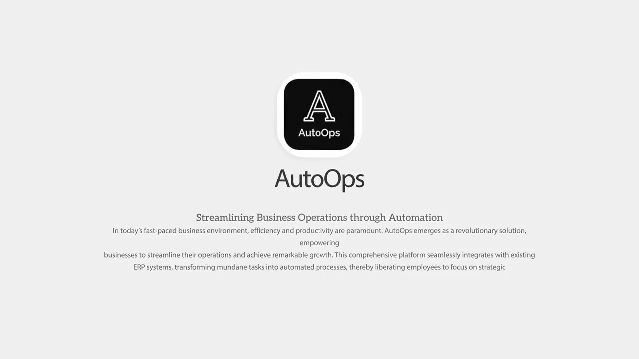 AutoOps title slide with logo and tagline 'Streamlining Business Operations through Automation'