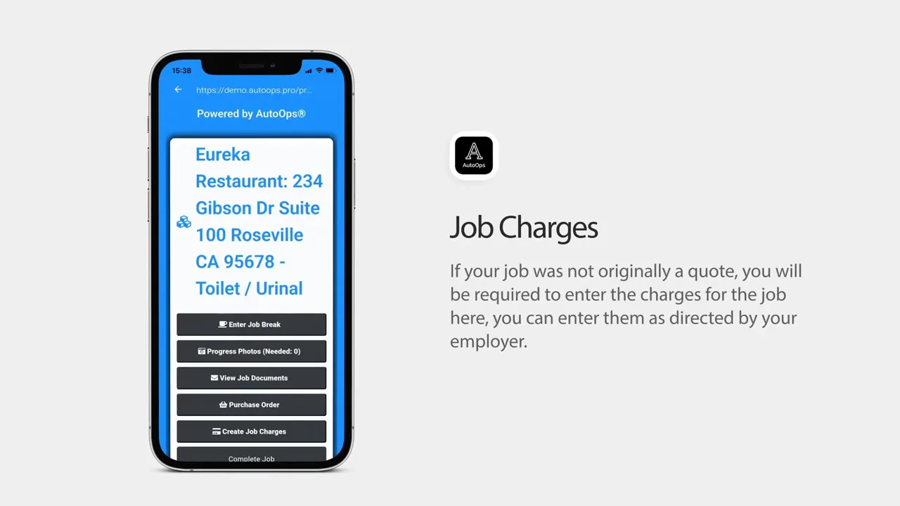 Clear mobile app screenshot showing the 'Job Charges' screen with job address text and a column of action buttons on a blue background.