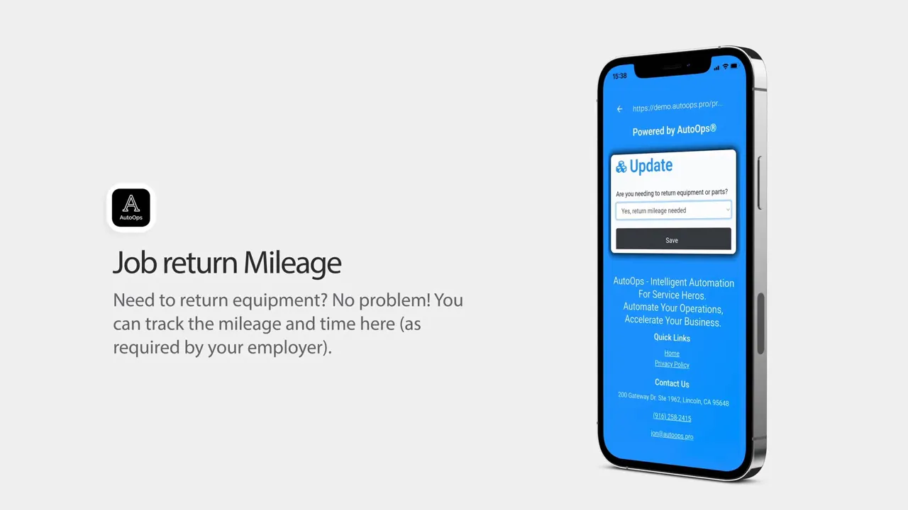 Clear AutoOps phone mockup with 'Job return Mileage' heading and supporting text