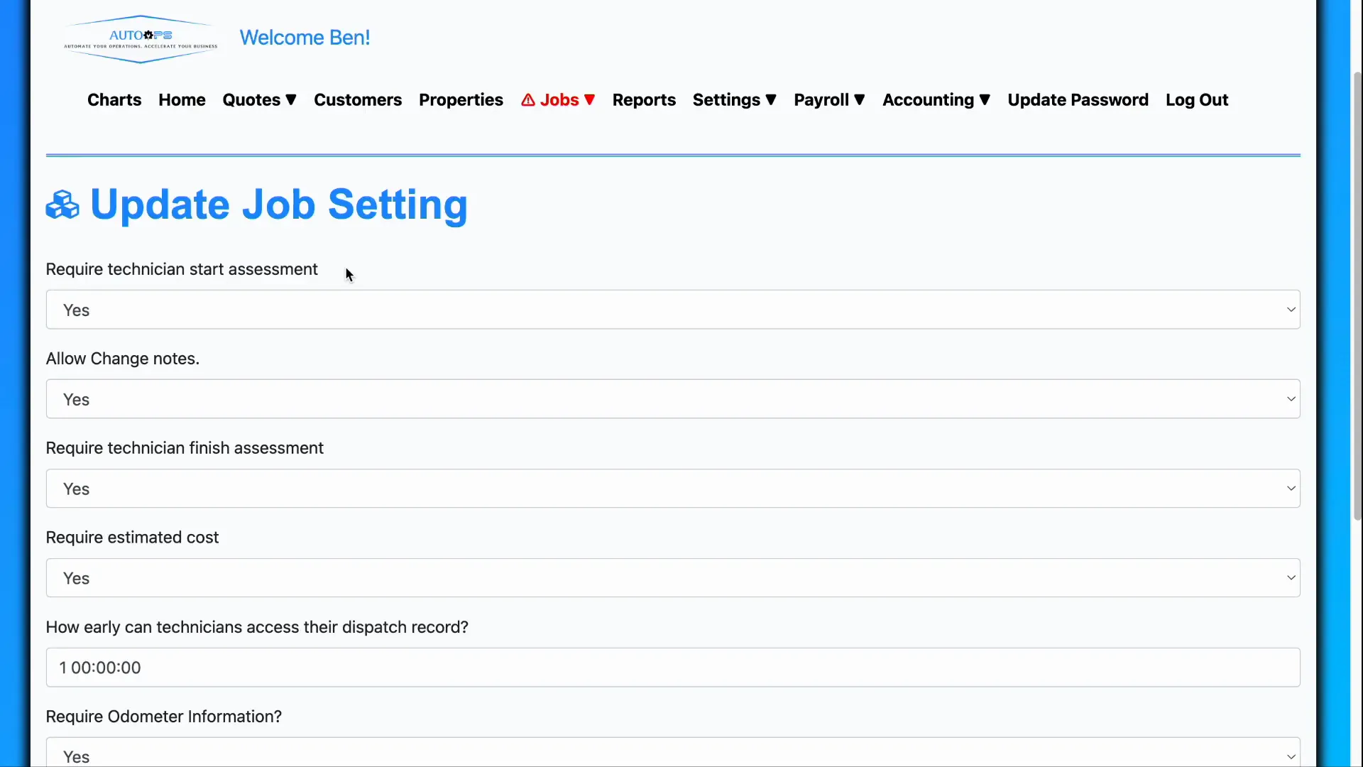 Technician job settings overview