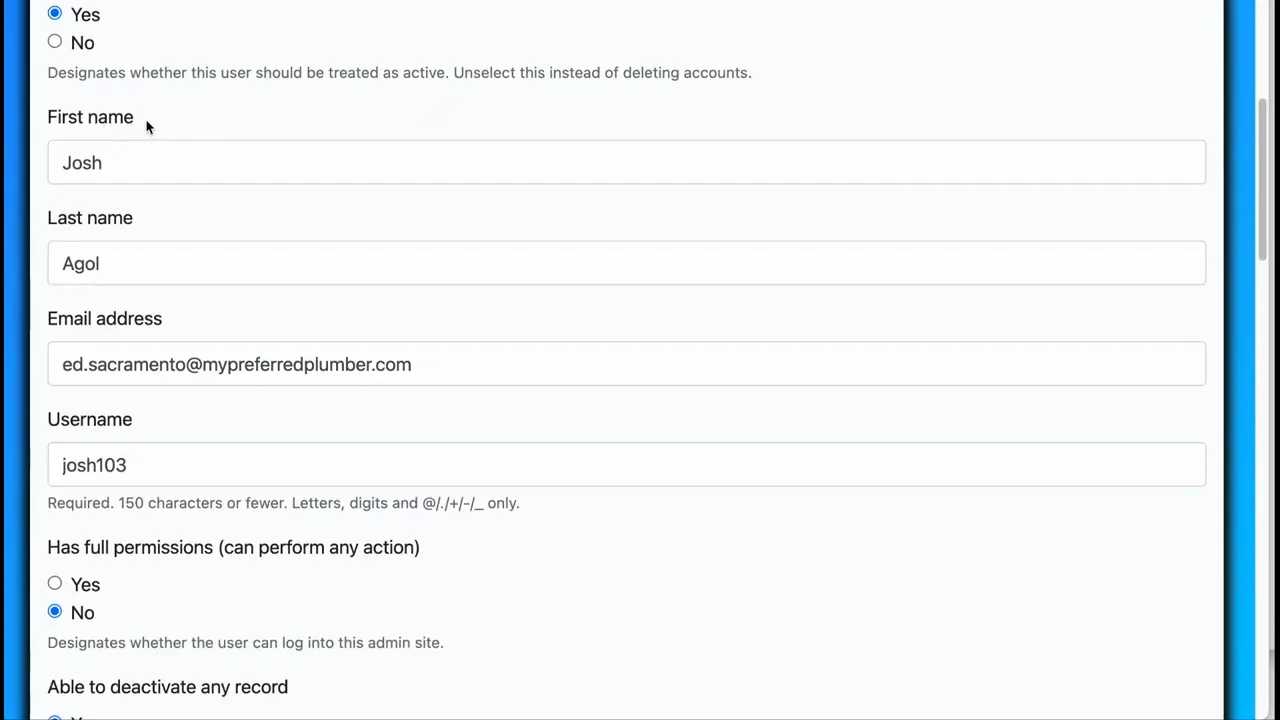 Close-up of the user edit screen showing First name, Last name, Email, Username and 'Has full permissions' radio options.