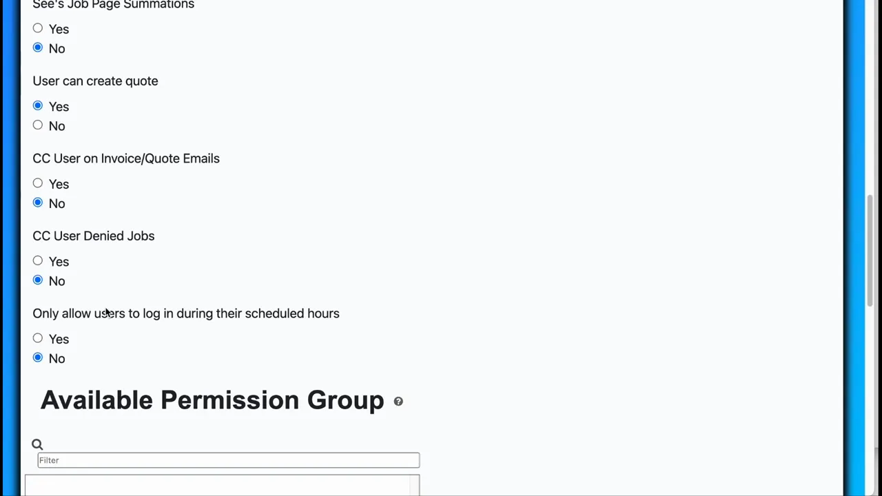 Close-up of the user edit screen showing radio buttons for 'Only allow users to log in during their scheduled hours' set to No and the 'Available Permission Group' heading below.