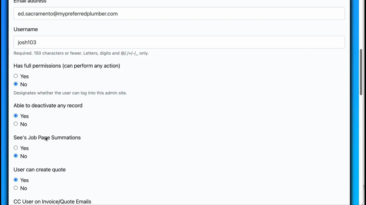User edit page showing radio-button controls for 'Has full permissions', 'Able to deactivate any record', 'See's Job Page Summations' and 'User can create quote'.