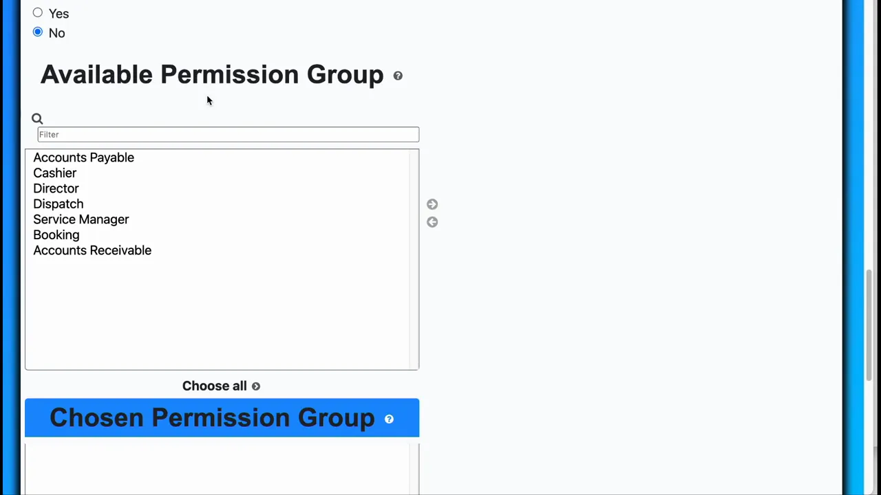 Clear screenshot of the Available Permission Group list and the Chosen Permission Group header on the user permissions page.