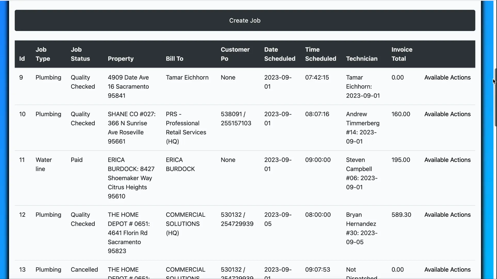 Filtered jobs list displayed below the dropdown