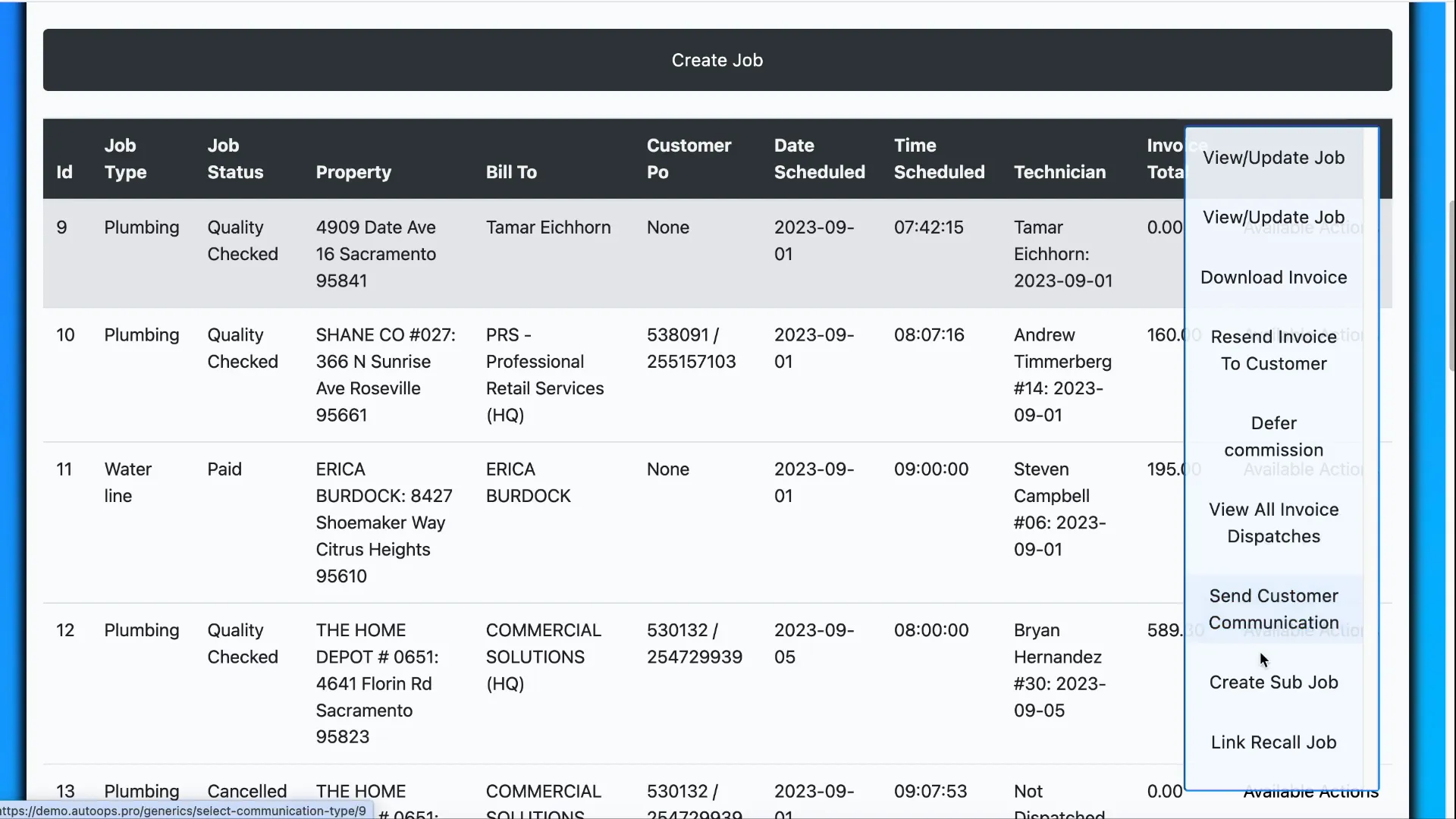 Available actions menu with options listed