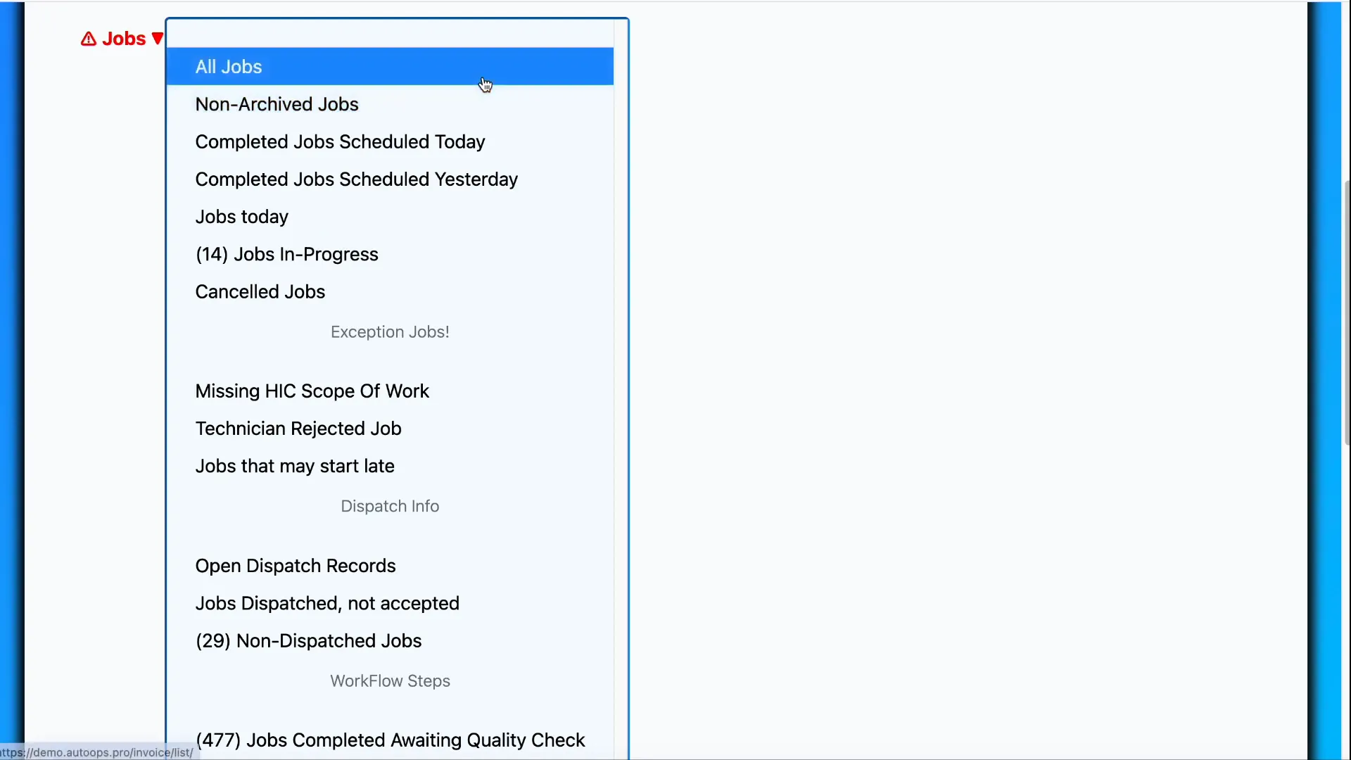 Jobs filter dropdown showing filter options