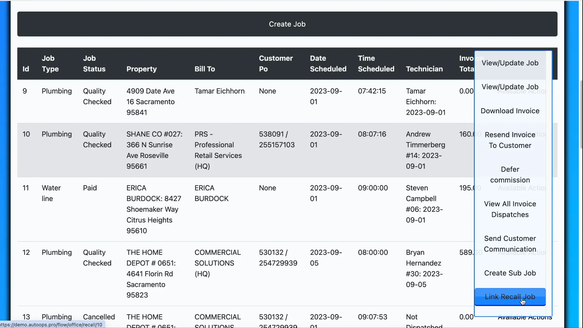 Link recall job option in the available actions menu