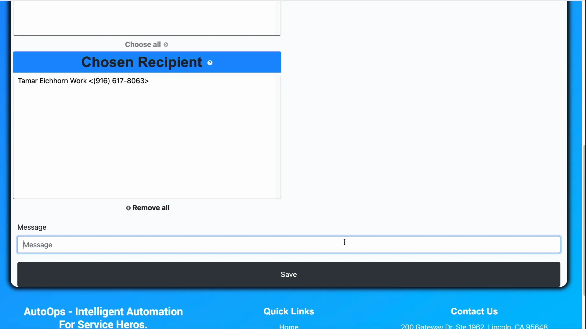 Send customer communication dialog with text message selected