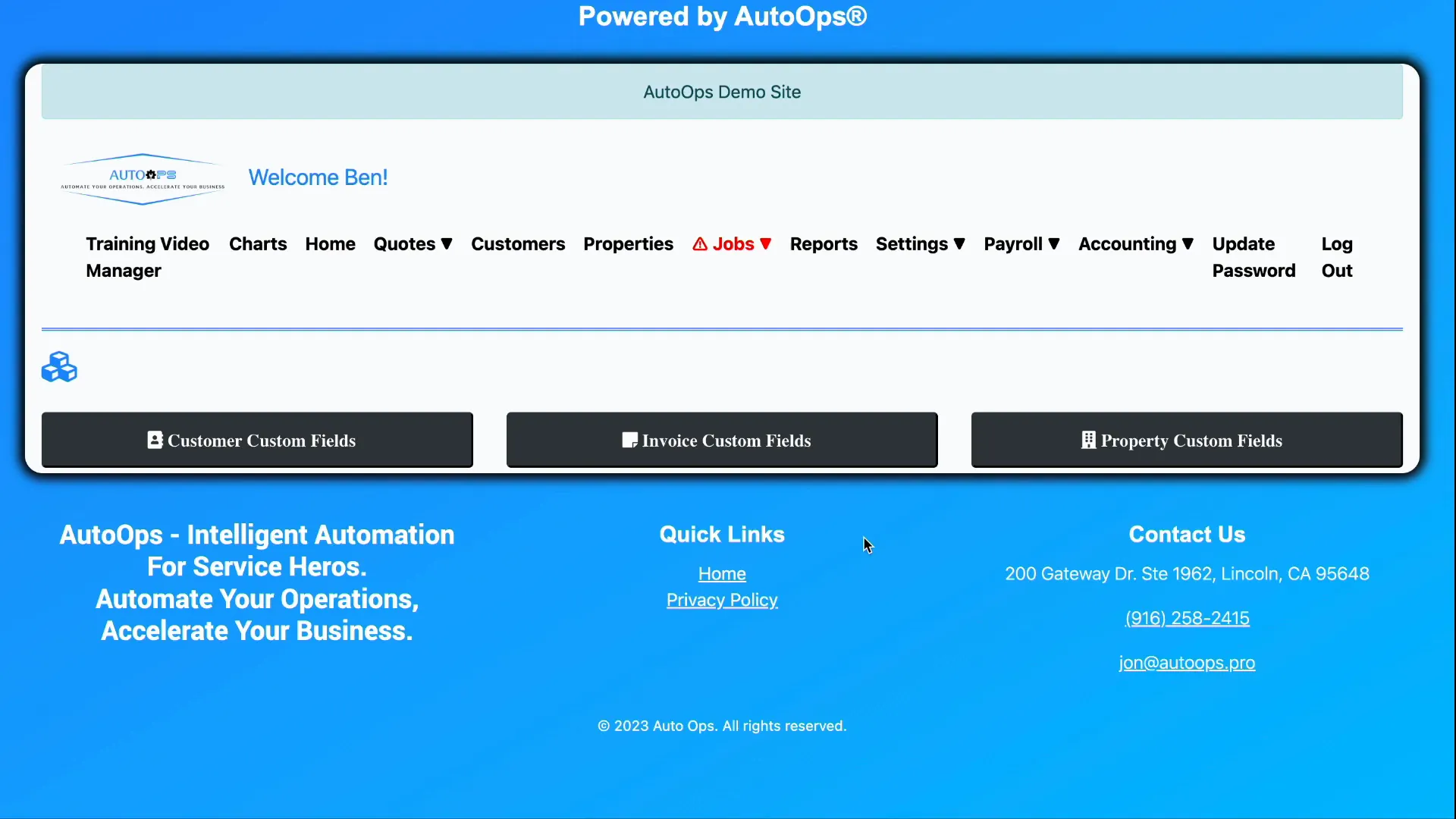 Customizations page showing customer, invoice, and property custom fields buttons