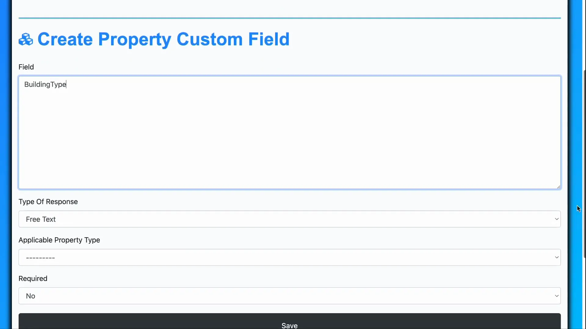 Creating building type custom field for properties
