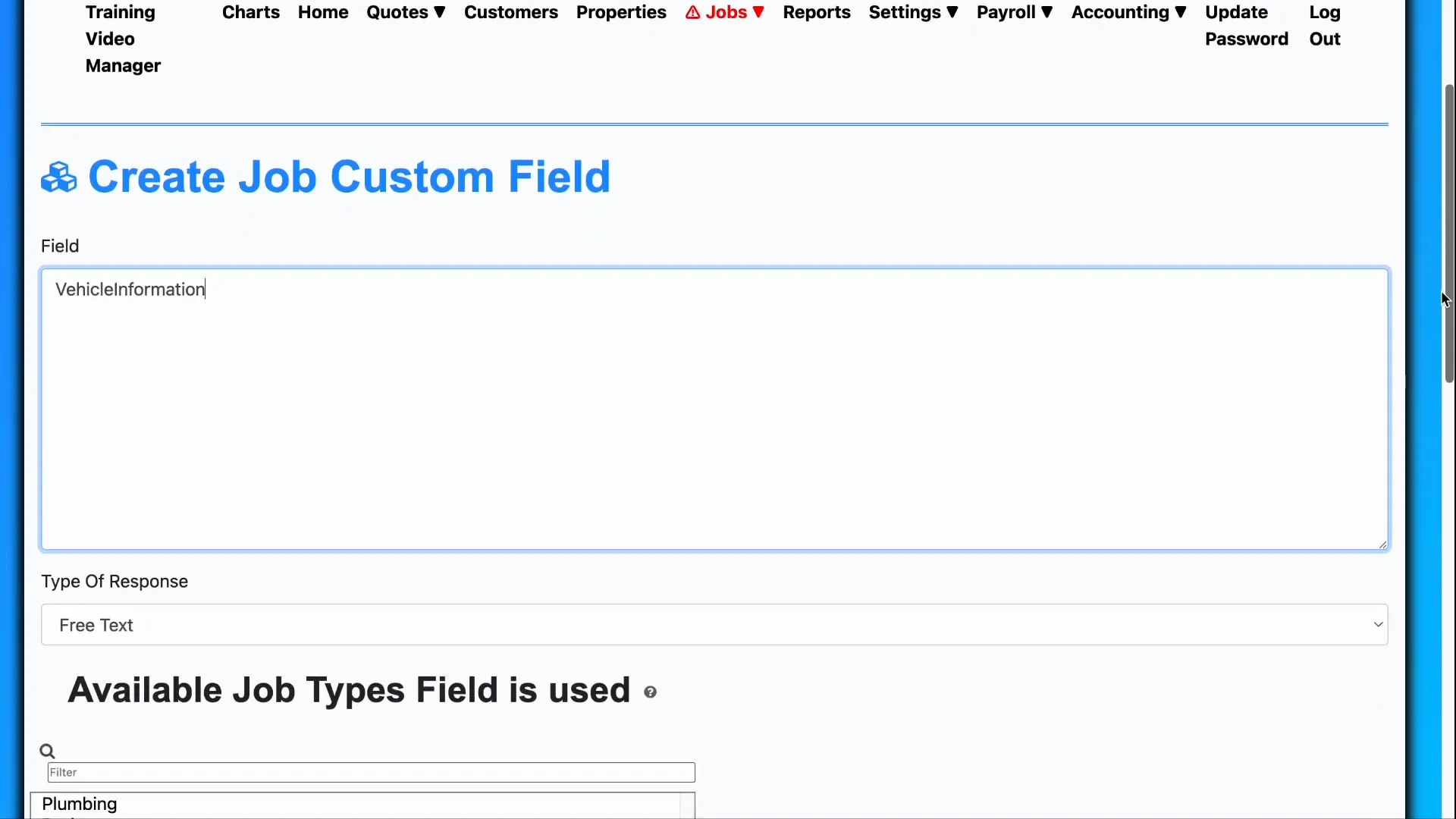 Creating vehicle information custom field for job invoices