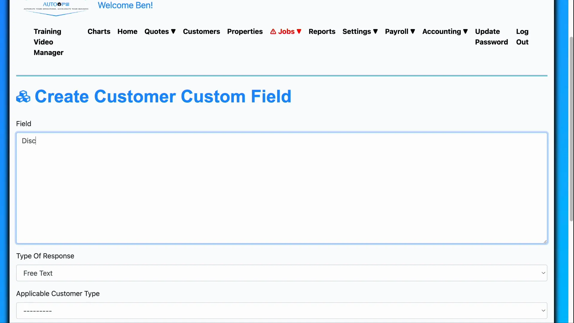 Creating a customer custom field named discount information with free text type