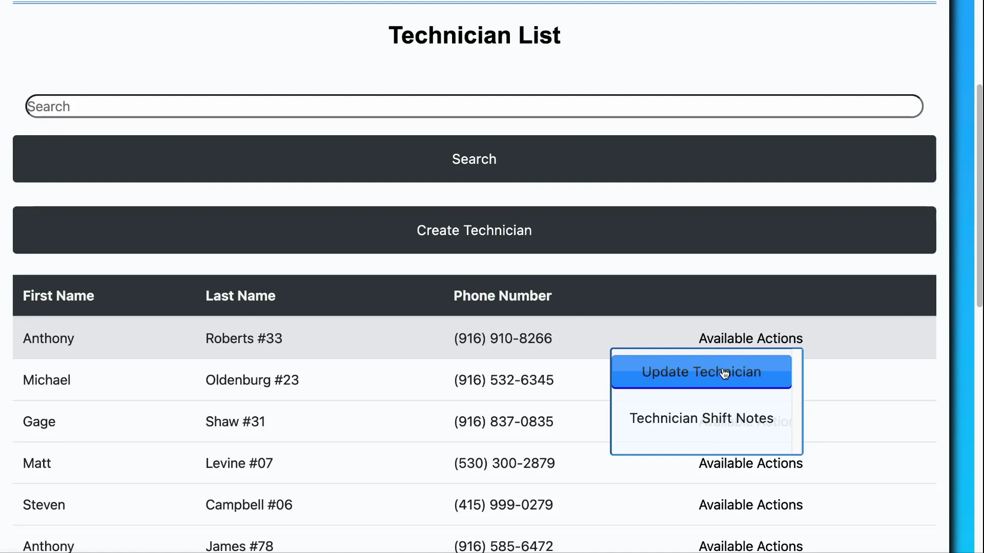 Available Actions dropdown with Update Technician option