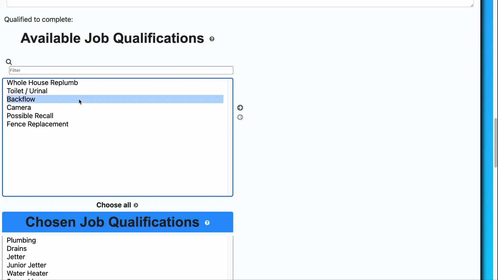 Job qualifications lists with add and remove controls