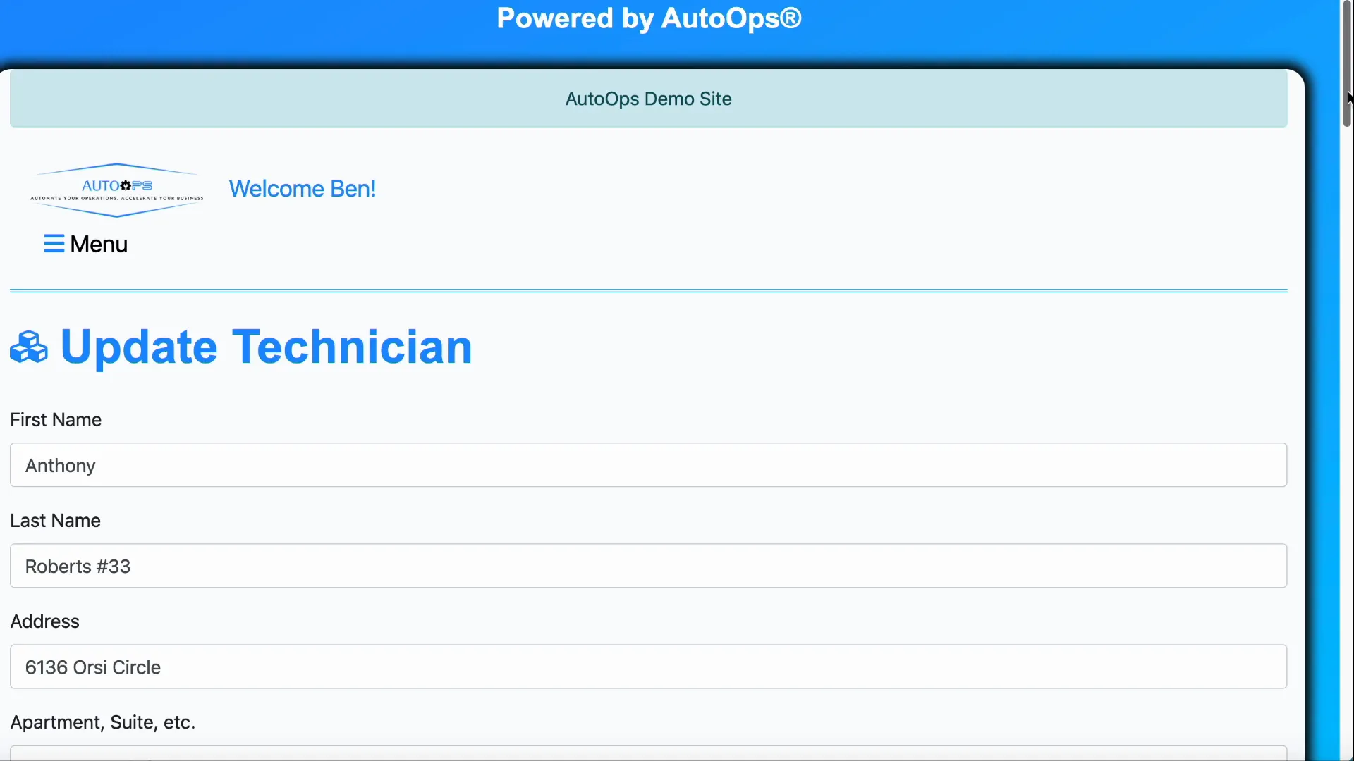 Update Technician screen showing editable fields