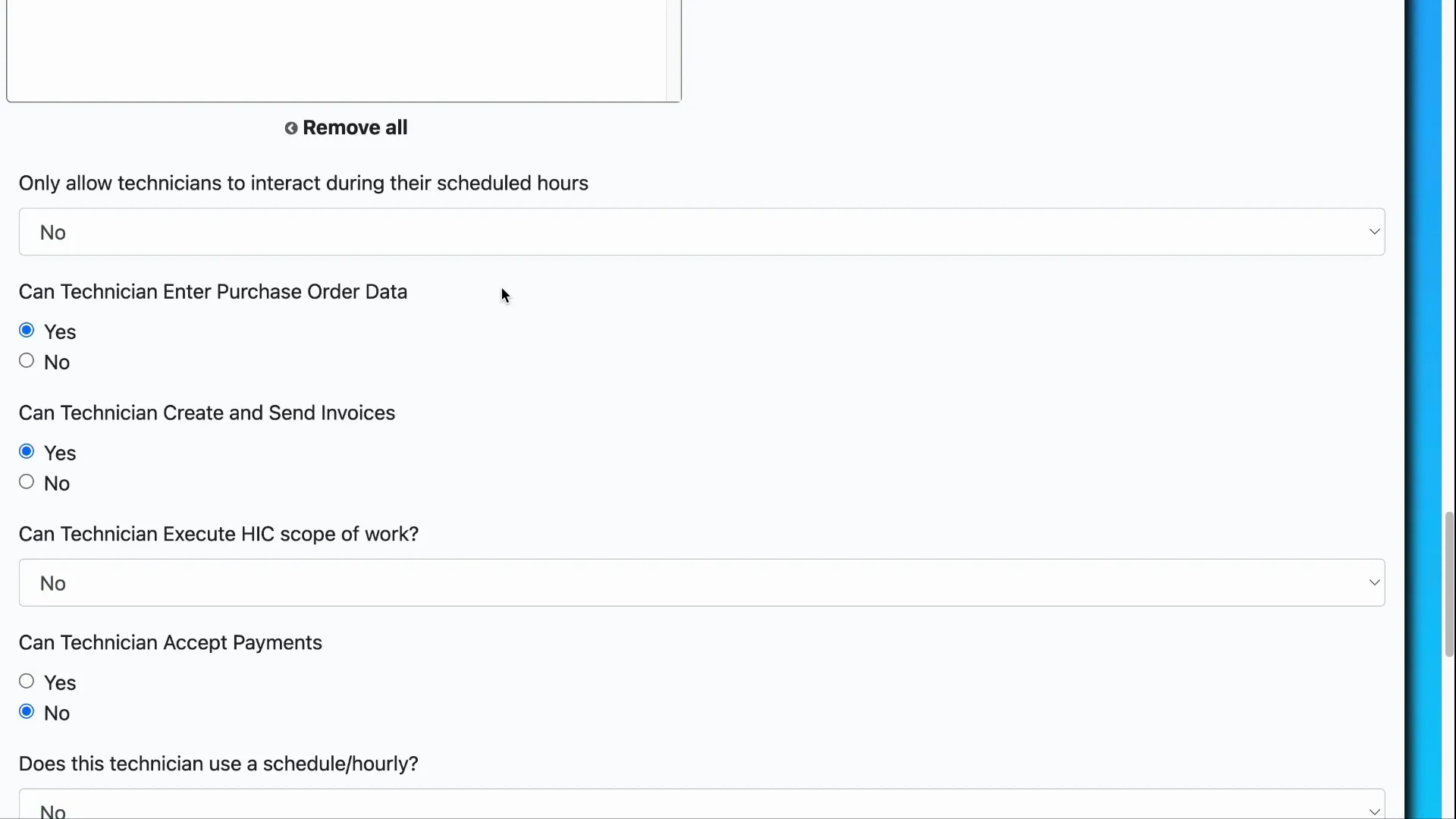 Accounting information and permissions controls on the technician record