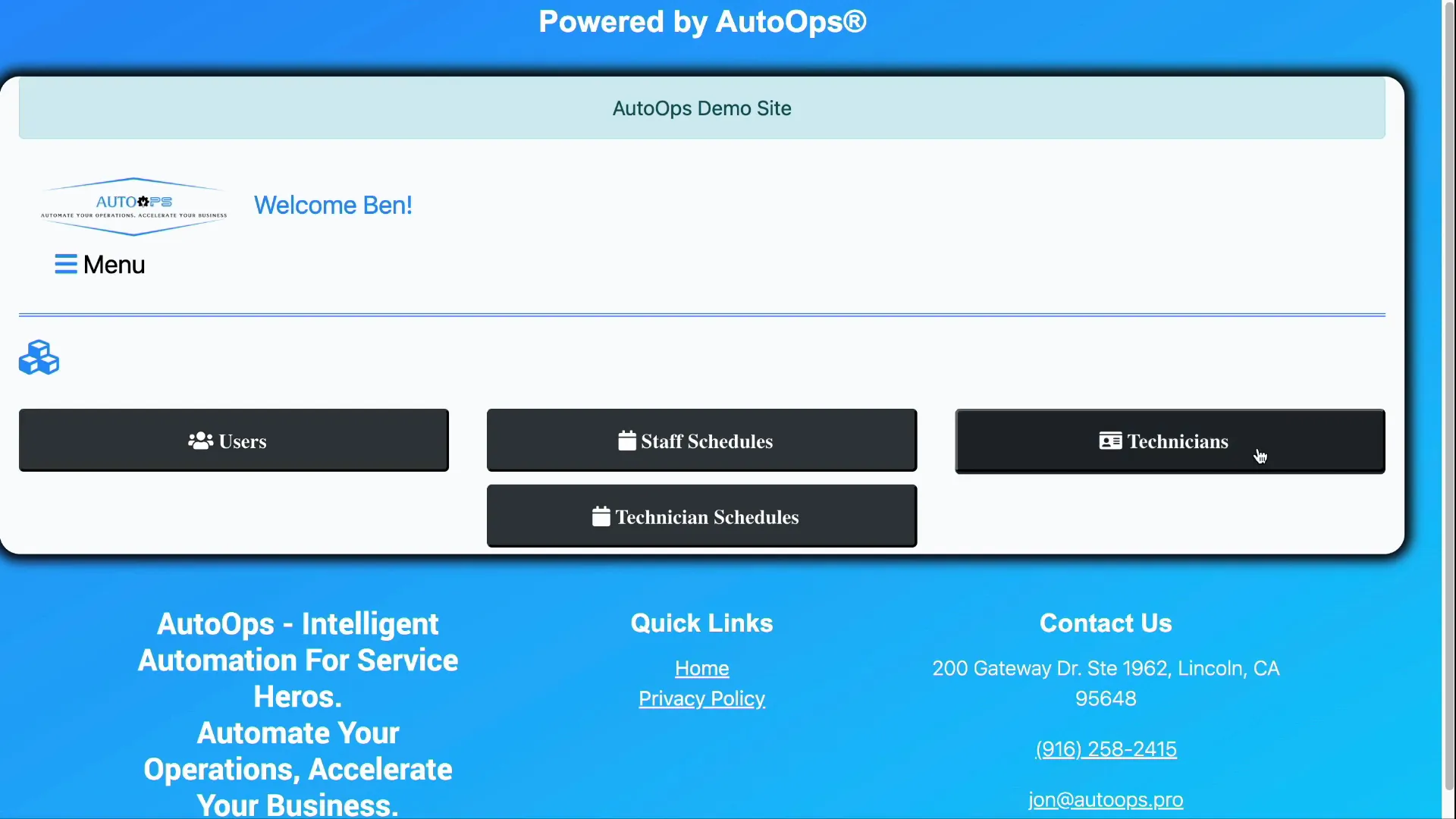 Settings menu showing User Settings and Technicians button