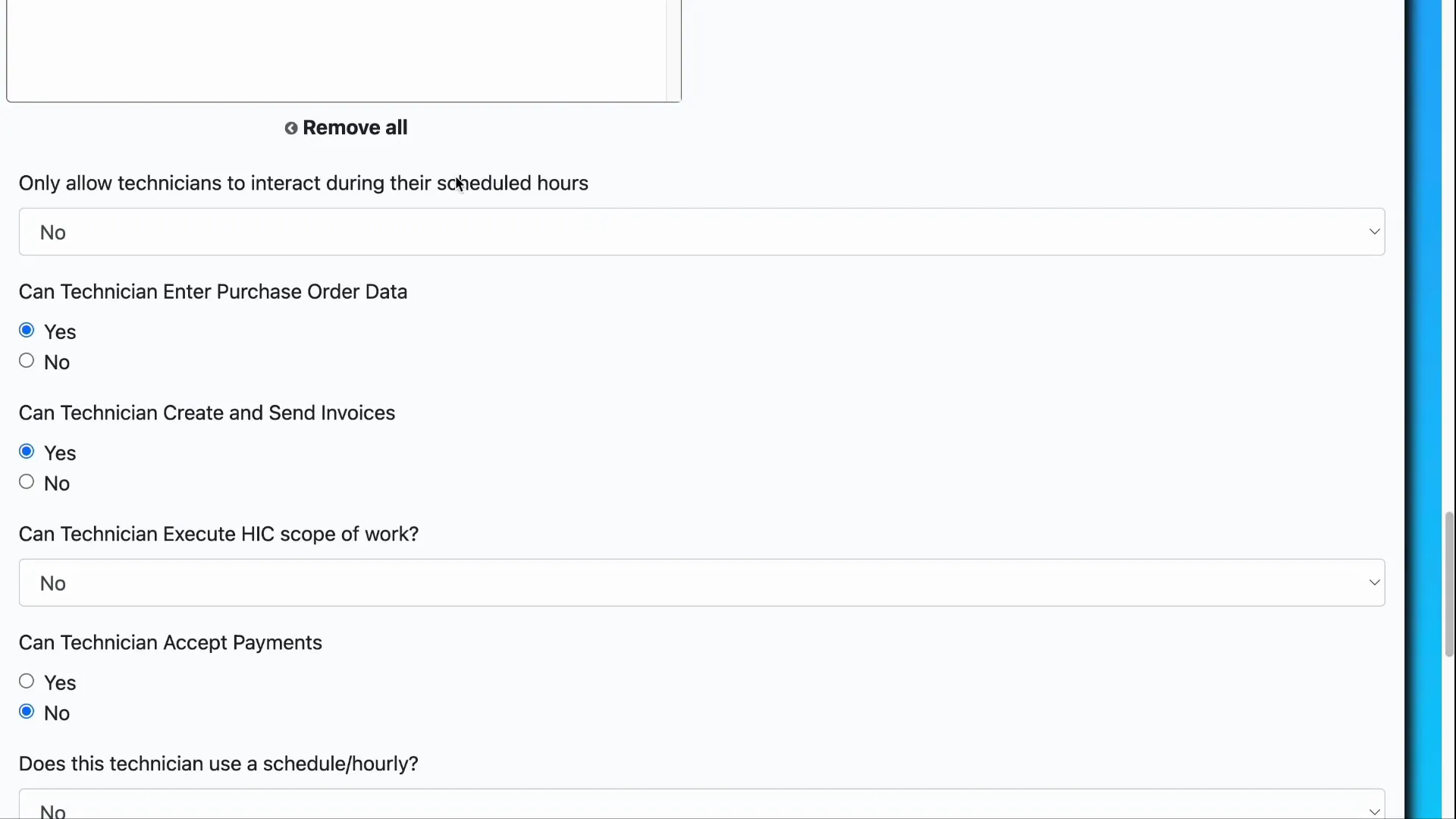 Only allow technicians to interact during scheduled hours checkbox