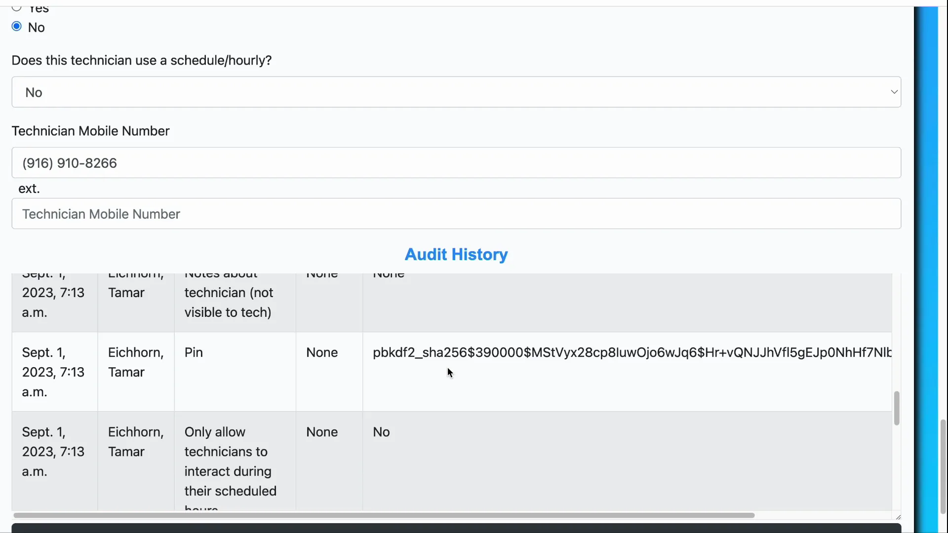 Audit history of the technician record with masked sensitive values