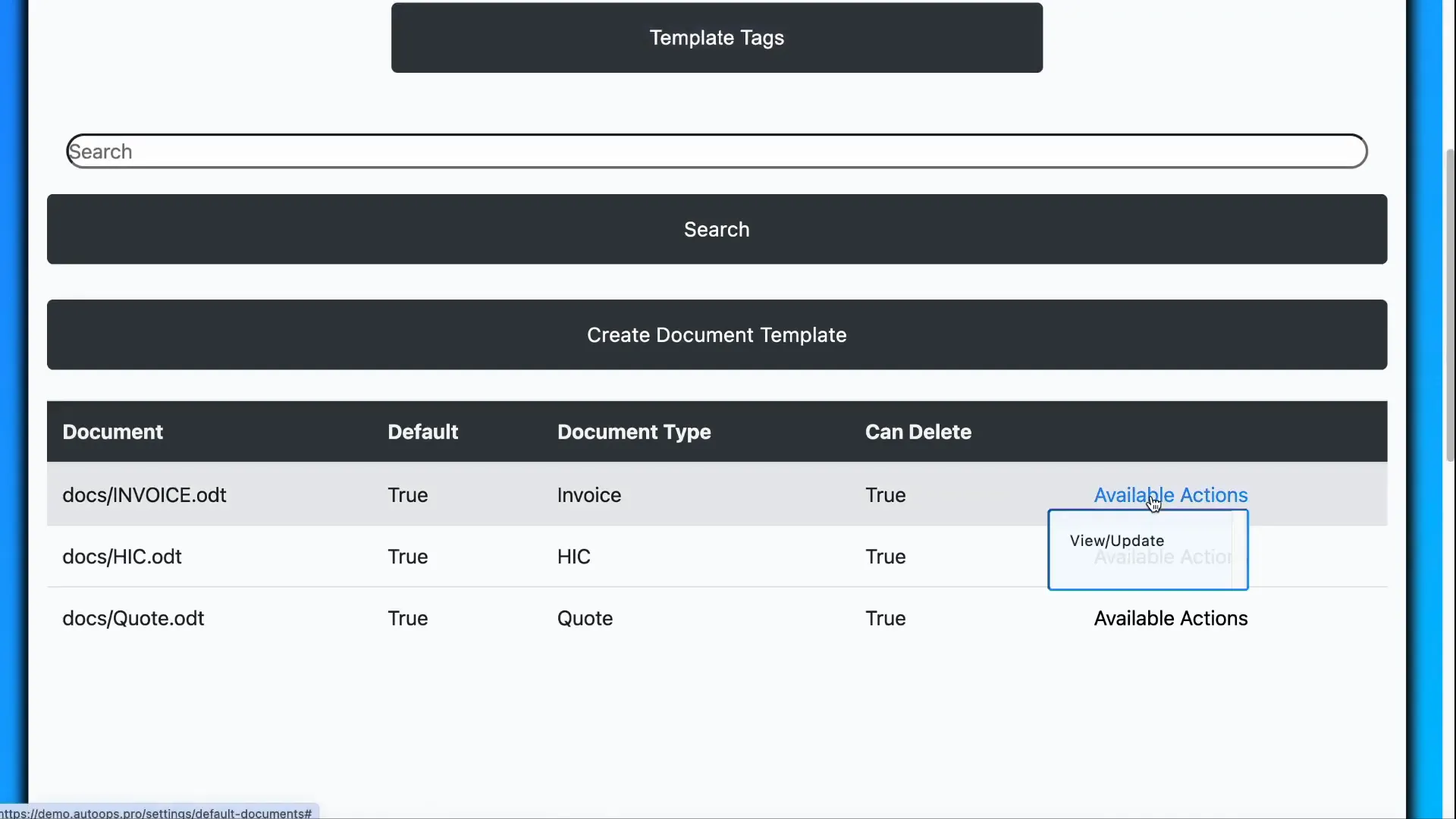 List of document templates with options to update