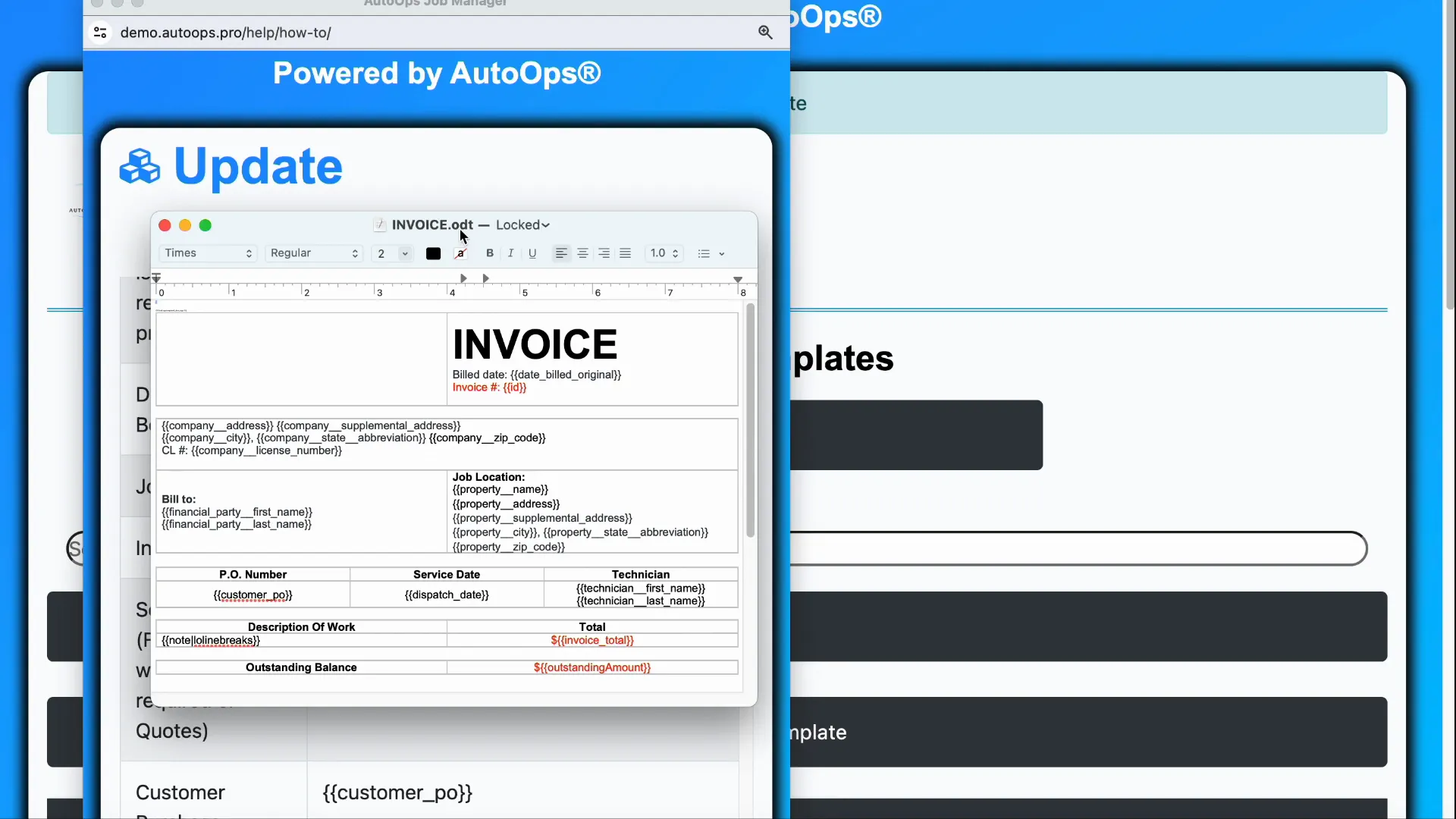Example invoice template with placeholder tags